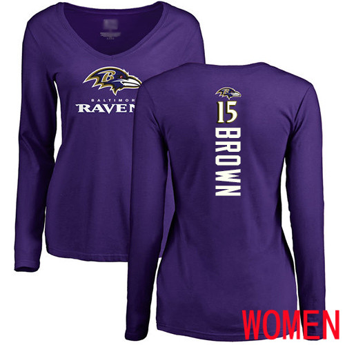 Baltimore Ravens Purple Women Marquise Brown Backer NFL Football #15 Long Sleeve T Shirt->nfl t-shirts->Sports Accessory